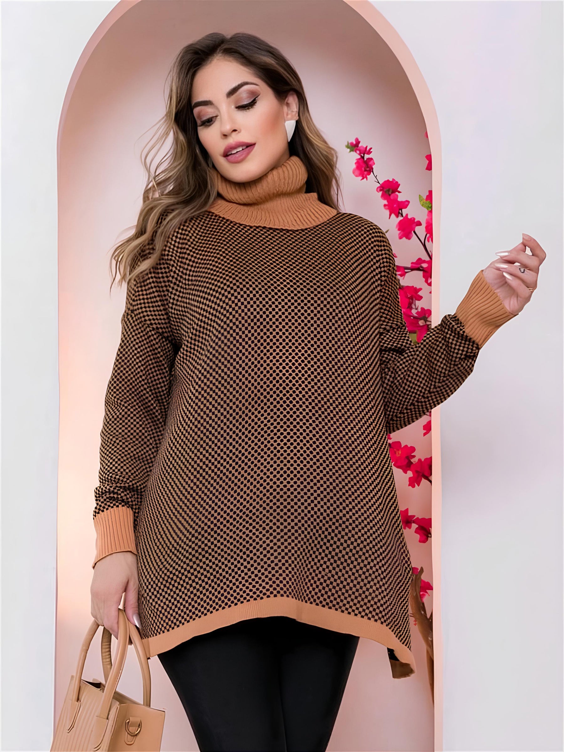 Blusa de Tricot Feminina Gola Alta Xadrez