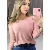 Blusinha Feminina com Aplique de Pérolas – Estilo e Conforto para Outono/Inverno