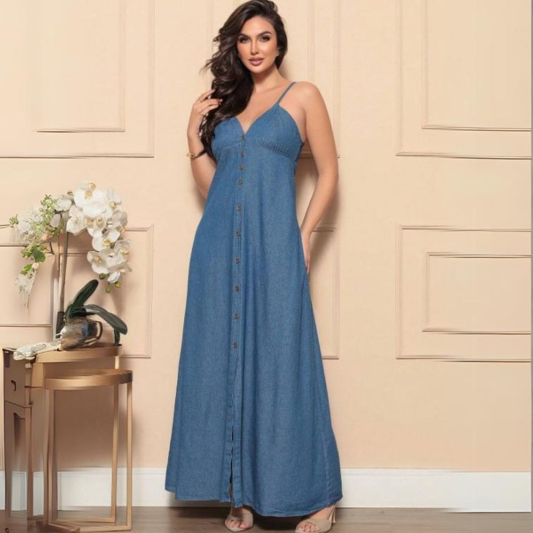 Vestido Jeans Longo Azul com Alças e Botões Luxo - Normandia