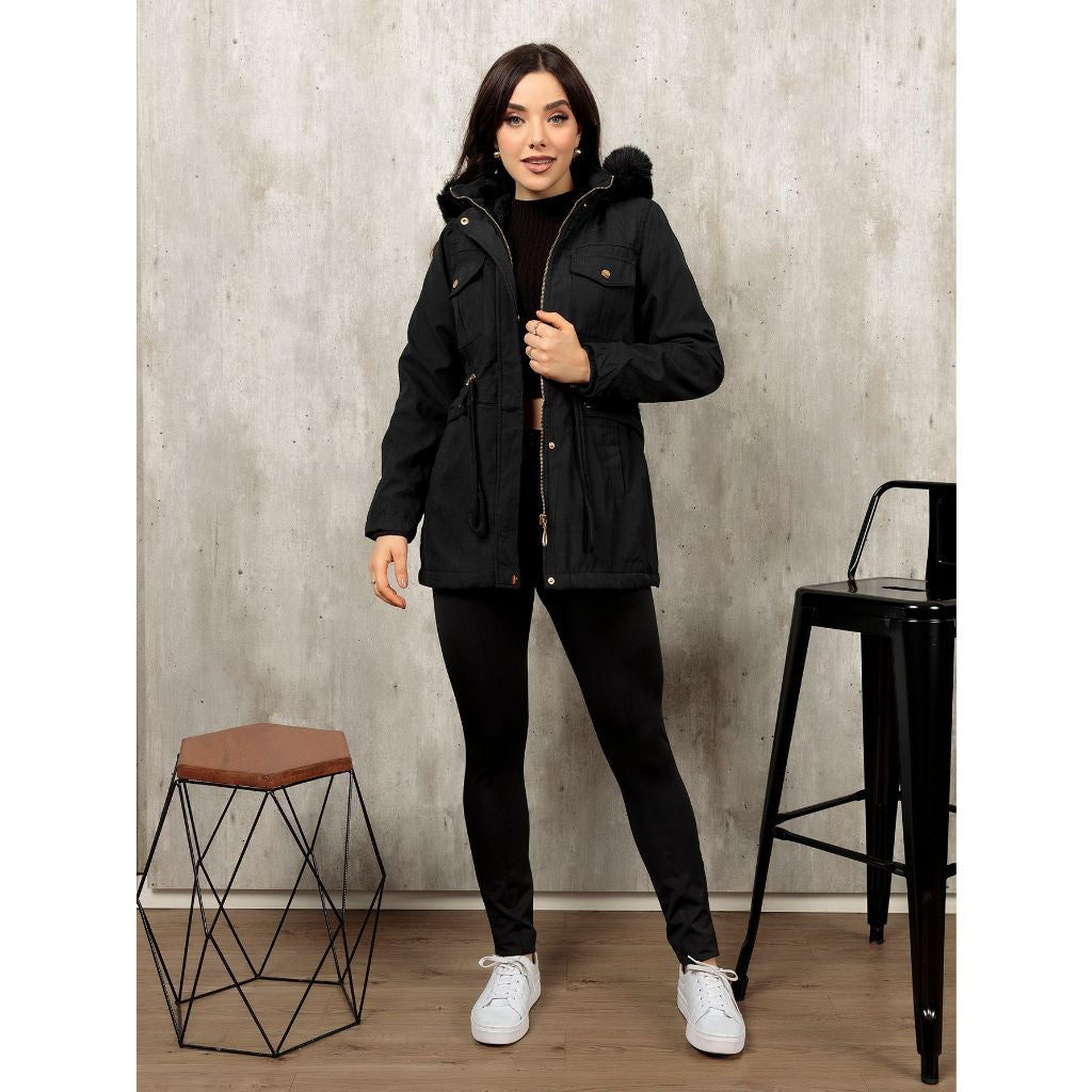 Casaco Parka de Sarja Feminino Forrado com Capuz Removível