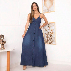 Vestido Jeans Longo Azul com Alças e Botões Luxo - Normandia