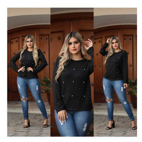 Blusinha Feminina com Aplique de Pérolas – Estilo e Conforto para Outono/Inverno