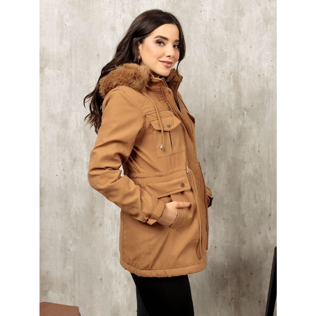 Casaco Parka de Sarja Feminino Forrado com Capuz Removível