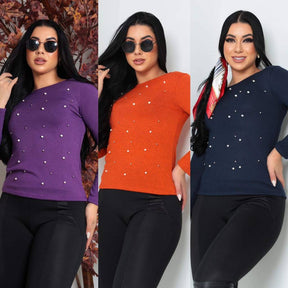 Blusinha Feminina com Aplique de Pérolas – Estilo e Conforto para Outono/Inverno