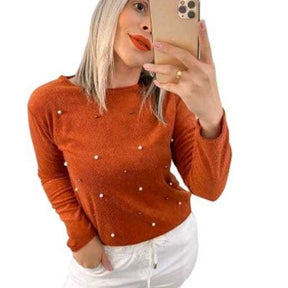 Blusinha Feminina com Aplique de Pérolas – Estilo e Conforto para Outono/Inverno