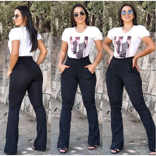 Calça Feminina Flare Jacard Tecido Macio com Bolso Cintura Alta