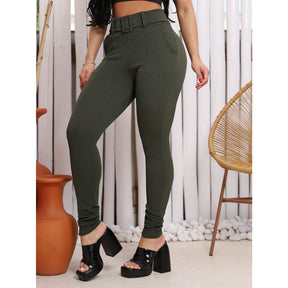 Calça Feminina Skinny Malha Crepe Com Cinto Forrado Cintura Alta