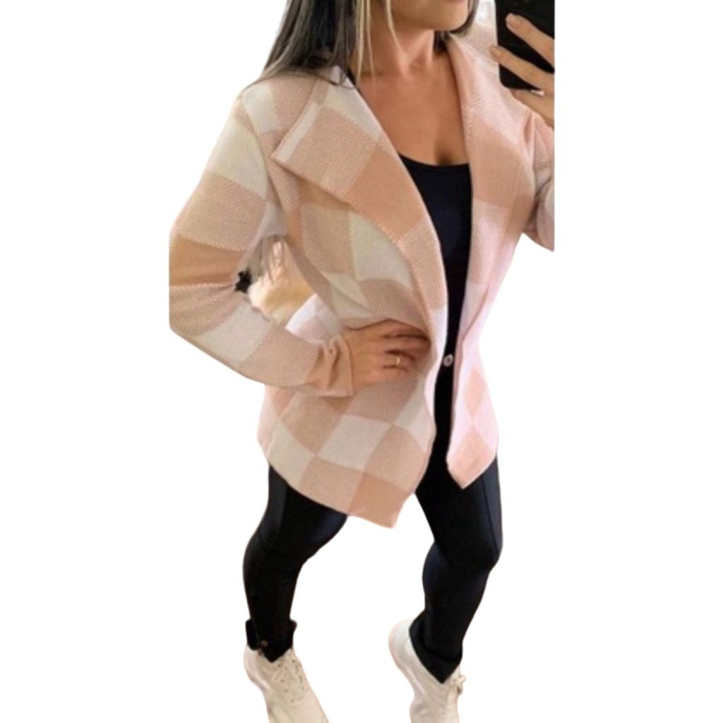 Cardigan Xadrez Sobretudo de Lã Inverno com Gola Chic Feminino